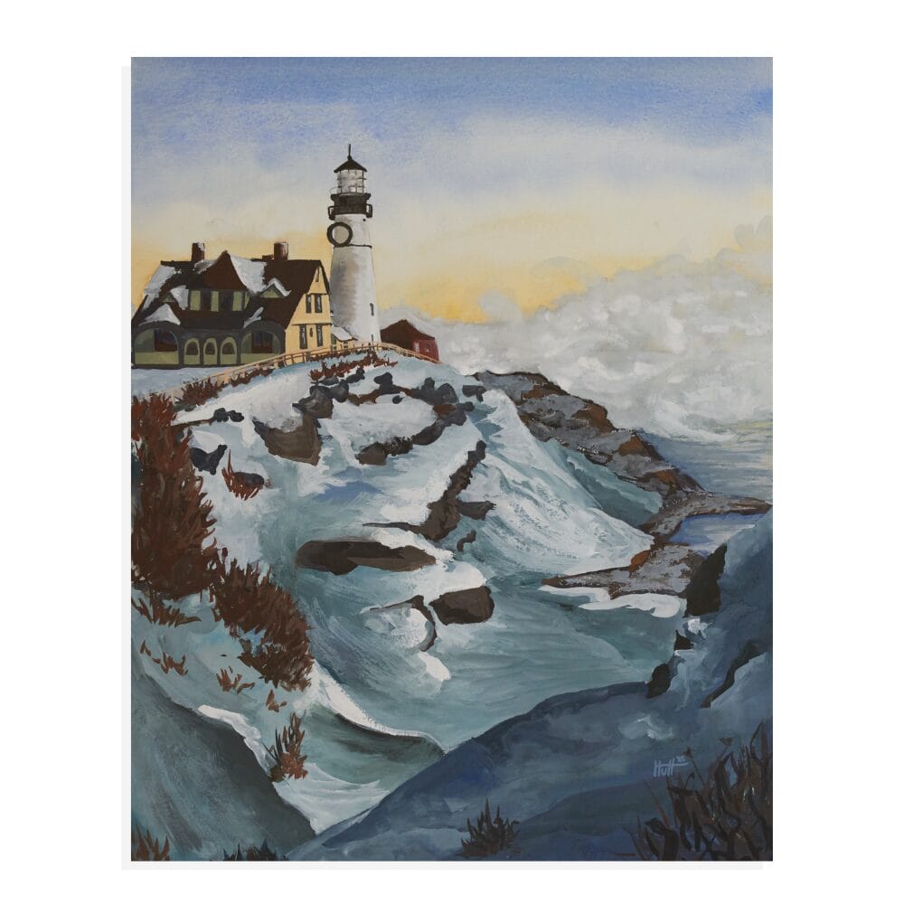 New England Lighthouse Painting in Winter