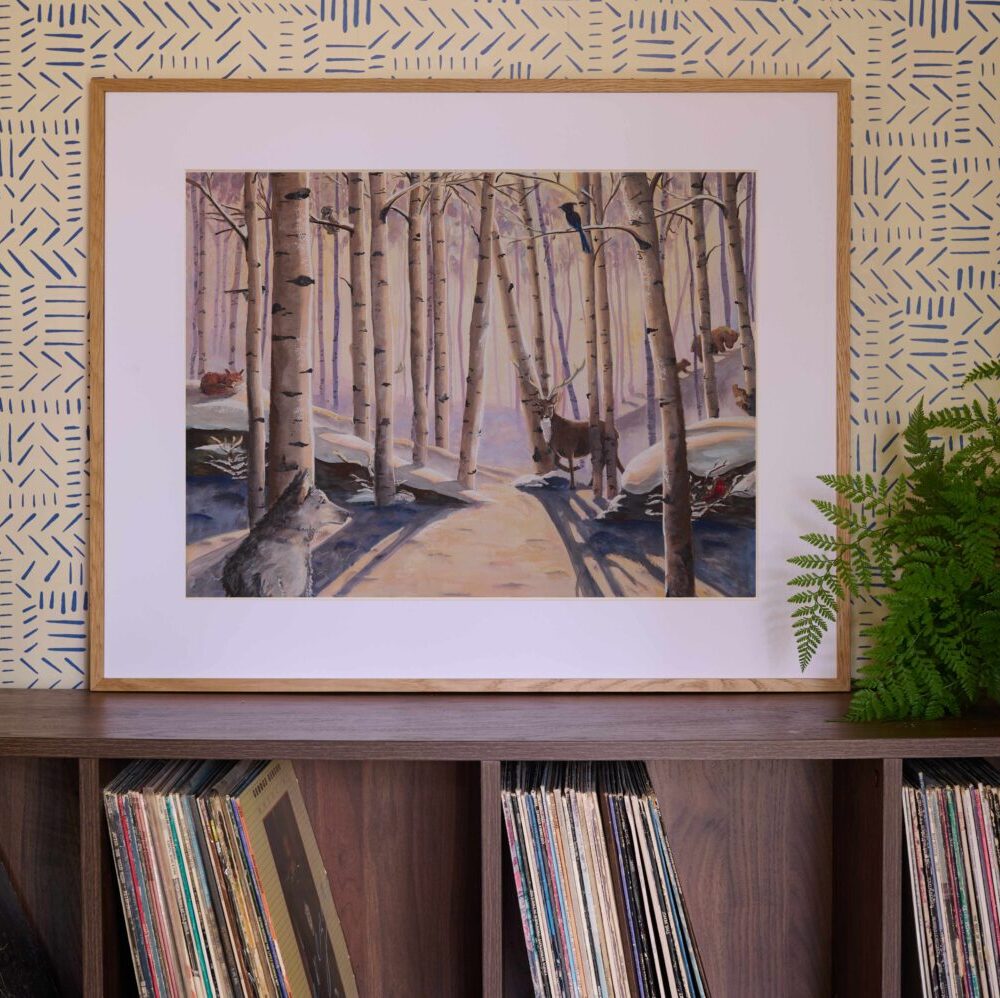 Inner Forest Winter Landscape Painting with Forest creatures