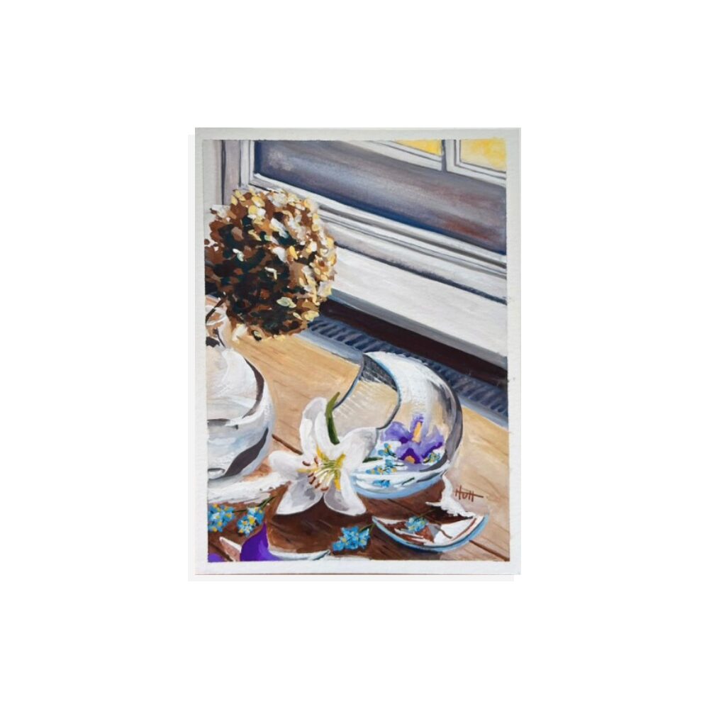 5x7 Original Painting of flowers breaking free from vase– a conversation on spirituality vs. religion