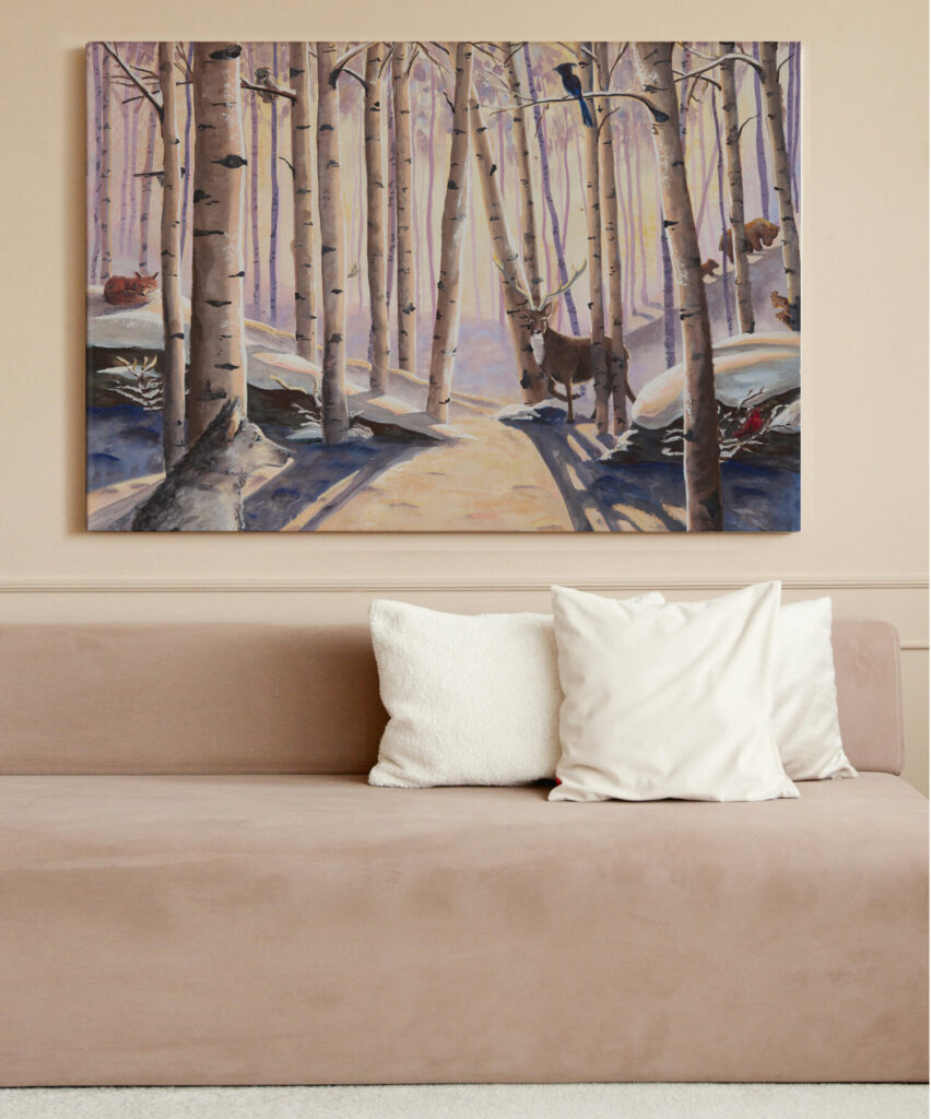 Inner Forest Winter Landscape Painting with Forest creatures